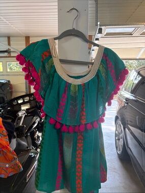 Judith March Teal Dress with Hot Pink Pom Trim